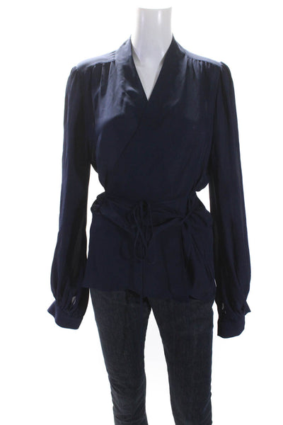 L'Agence Womens Silk Crepe V-Neck Tie Front Long Sleeve Blouse Top Navy Size L