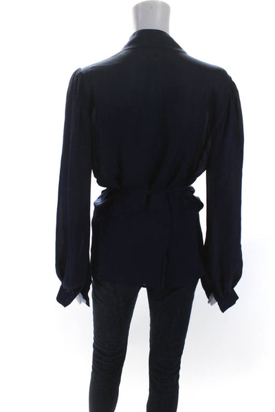 L'Agence Womens Silk Crepe V-Neck Tie Front Long Sleeve Blouse Top Navy Size L