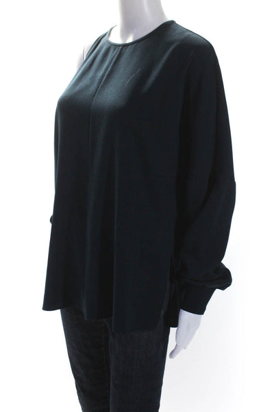 Tibi Womens Crepe Crew Neck Zip Up Cold Shoulder Sleeve Blouse Top Navy Size M