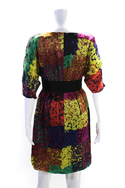 Trina Turk Womens Back Zip Short Sleeve Abstract Silk Dress Multicolored Size 4