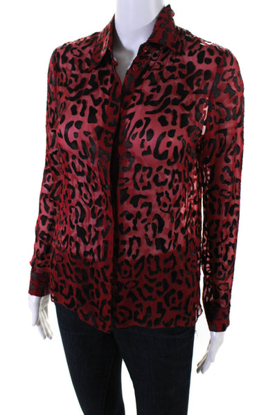 Alice + Olivia Womens Burnout Leopard Print Chiffon Button Up Blouse Red Small