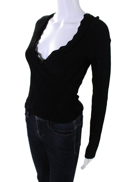 Jonathan Simkhai Womens Ribbed Knit Scalloped Surplice Sweater Black Size Small