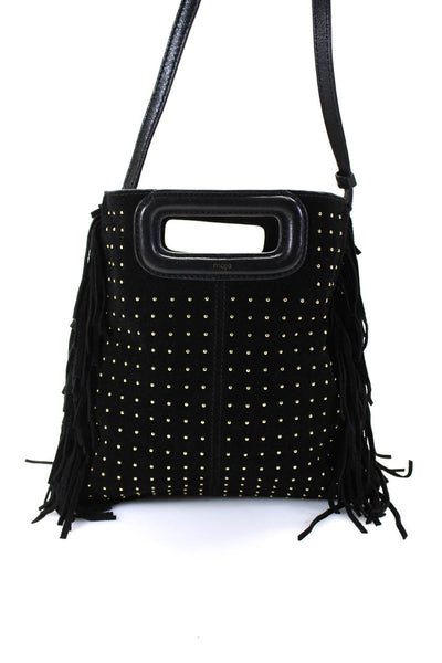 Maje Womens Studded Suede Fringe Leather Trim Top Handle Crossbody Handbag Black