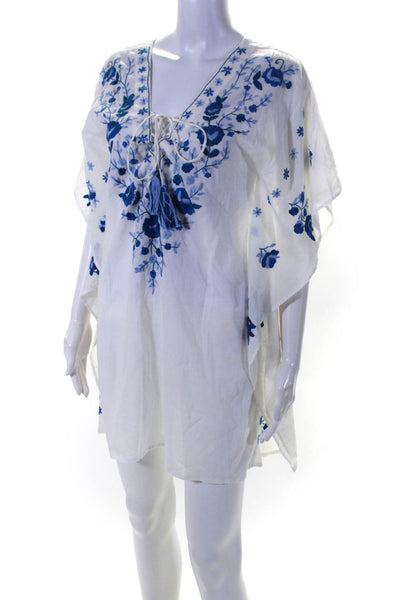 Letarte Handmade Womens V Neck Floral Embroidered Cover Up White Blue Size Small