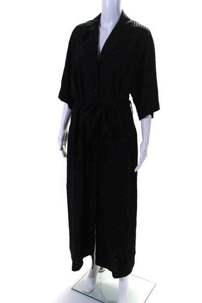 Raey Womens Plaid Jacquard Short Sleeve Belted Midi Shirt Dress Black Size 6