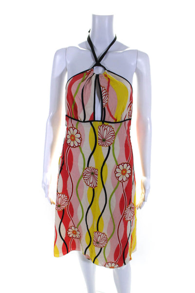 Trina Turk Womens Silk Georgette Floral Printed Zip Up Halter Dress Beige Size 6