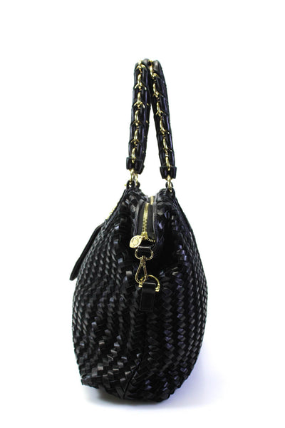 Carol Brodie Womens Leather Woven Gold Tone Chain Link Shoulder Handbag Black