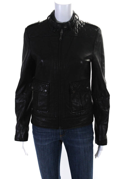DKNY Womens Leather Quilted Full Zipper Biker Jacket Black Size Extra Small