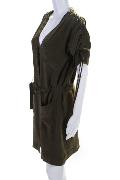 Chloe Womens Silk V Neck Short Sleeves Button Down Dress Khaki Green Size EUR 38