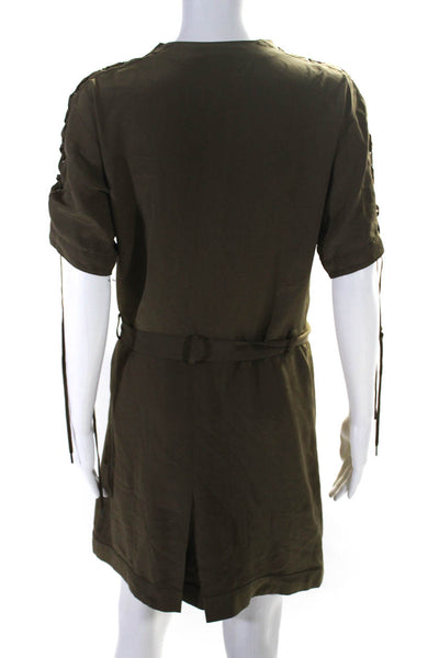 Chloe Womens Silk V Neck Short Sleeves Button Down Dress Khaki Green Size EUR 38