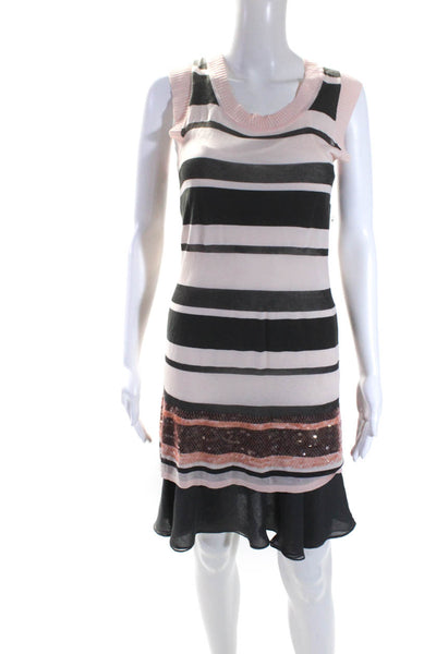 Iisli Womens Cotton Thin Knit Striped Print Fit & Flare Dress Pink Gray Size PP