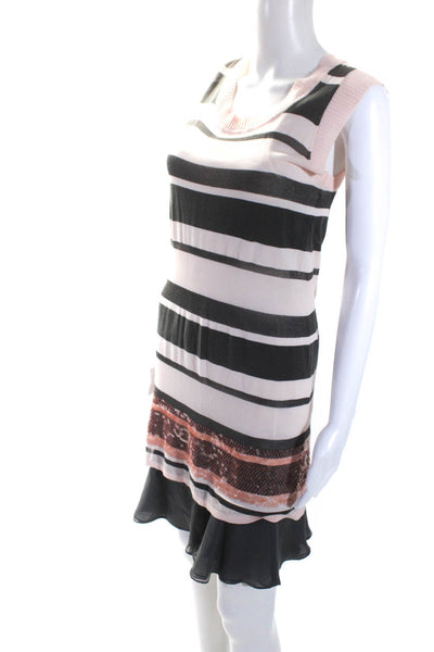 Iisli Womens Cotton Thin Knit Striped Print Fit & Flare Dress Pink Gray Size PP