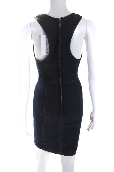 Illia Womens Leather Panel Ribbed Knit Scoop Neck Bodycon Dress Navy Blue Size 2