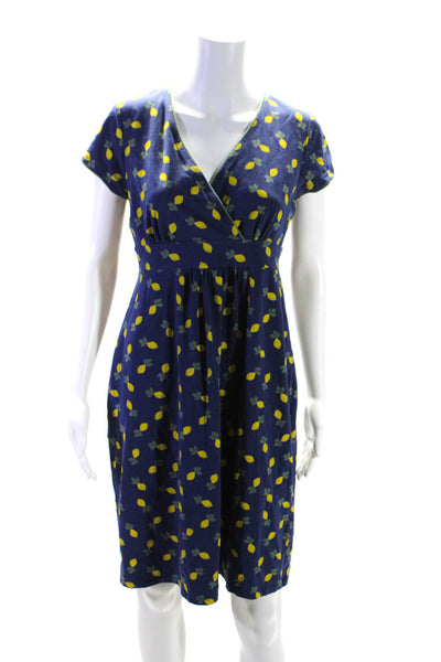 Boden Womens Short Sleeve Lemon Jersey Surplice Sheath Dress Blue Yellow Size 8