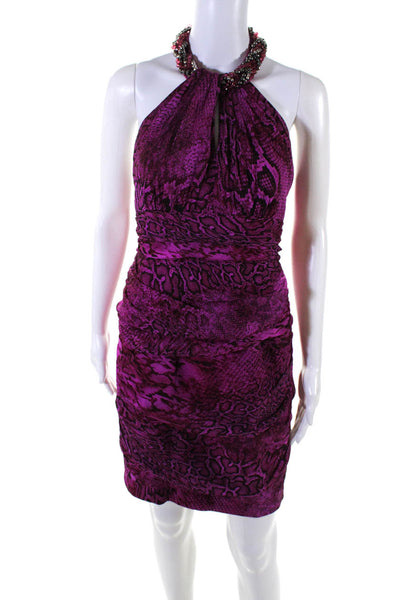 Carmen Marc Valvo Womens Snakeskin Print Halter Sheath Dress Magenta Silk Size 4