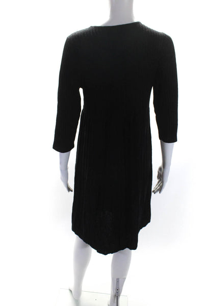 Eileen Fisher Womens Wool Tight Knit 3/4 Sleeve Midi A-Line Dress Black Size L