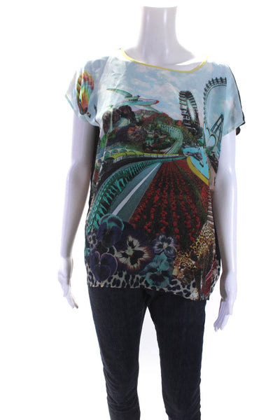 Emma Cook Womens Silk Amusement Park Graphic Print Blouse Top Multicolor Size 8
