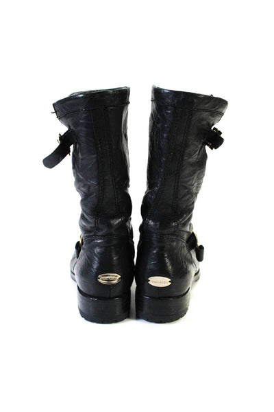 Jimmy Choo Womens Crinkled Leather Double Buckle Biker Boots Black Size 8US 38EU