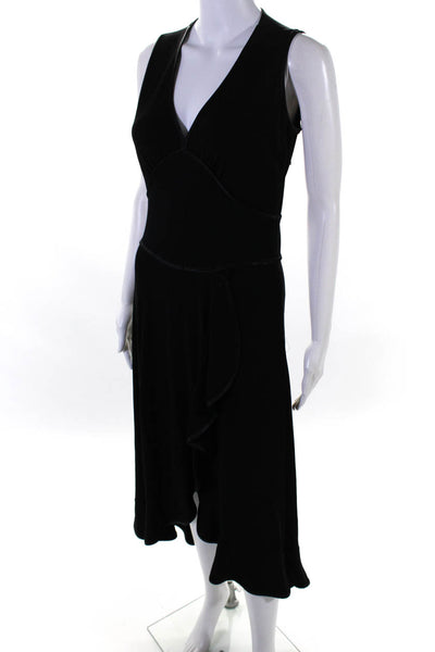 ABS Womens Satin Trim V Neck Knit Sleeveless Midi Sheath Dress Black Size Medium