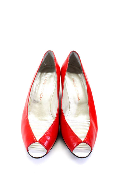 Charles Jourdan Womens Peep Toe Slip On Wedge Pumps Red Leather Size 9