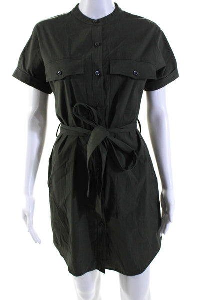 Theory Womens Short Sleeves Button Down Belted Cargo Shirt Dress Green Size Peti