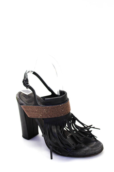 Brunello Cucinelli Womens Leather Fringe Beaded Slingbacks Sandals Black Size 38