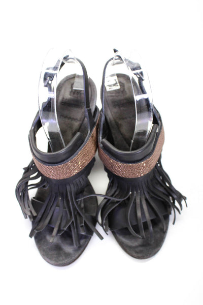 Brunello Cucinelli Womens Leather Fringe Beaded Slingbacks Sandals Black Size 38