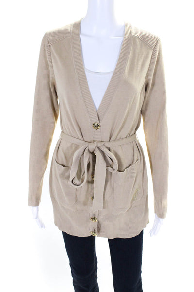 Tory Burch Womens V Neck Button Up Cardigan Sweater Beige Size Large