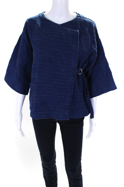 Eileen Fisher Womens Blue Cotton Blend Textured 3/4 Sleeve Wrap Jacket Size XXS