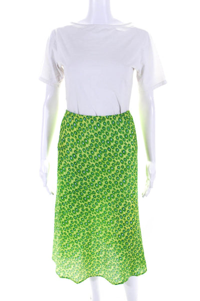 Agnes B Womens Silk Abstract Print Midi Maxi Skirt Lime Green Blue Size 2
