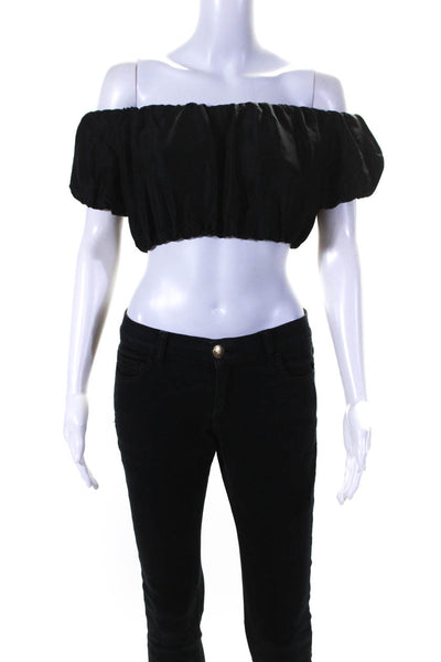 Sir. Womens Puff Sleeve Elastic Off Shoulder Crop Top Blouse Black Silk Size 0