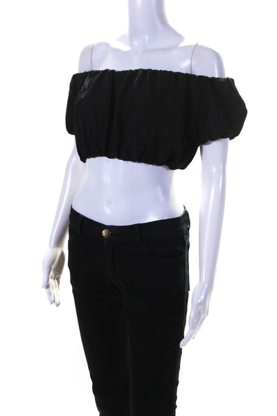 Sir. Womens Puff Sleeve Elastic Off Shoulder Crop Top Blouse Black Silk Size 0