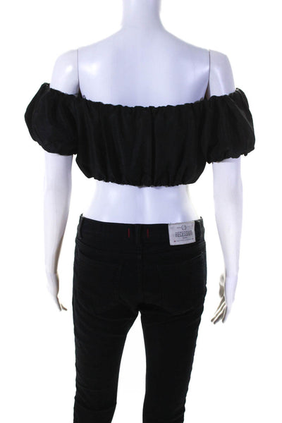 Sir. Womens Puff Sleeve Elastic Off Shoulder Crop Top Blouse Black Silk Size 0