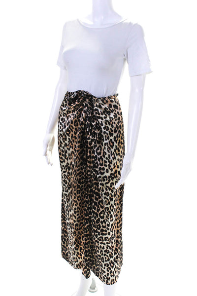 Ganni Womens Brown Black Leopard Print Silk Knot Front Midi Skirt Size 34