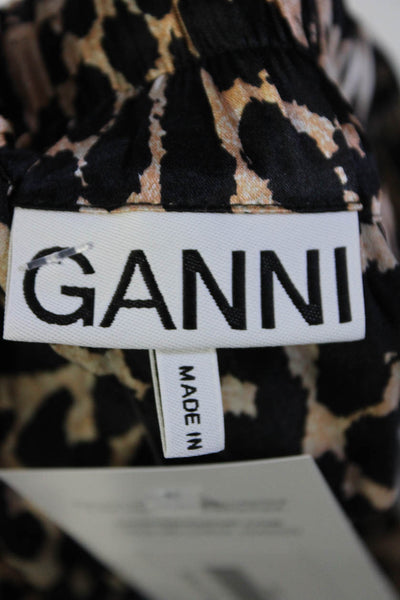 Ganni Womens Brown Black Leopard Print Silk Knot Front Midi Skirt Size 34