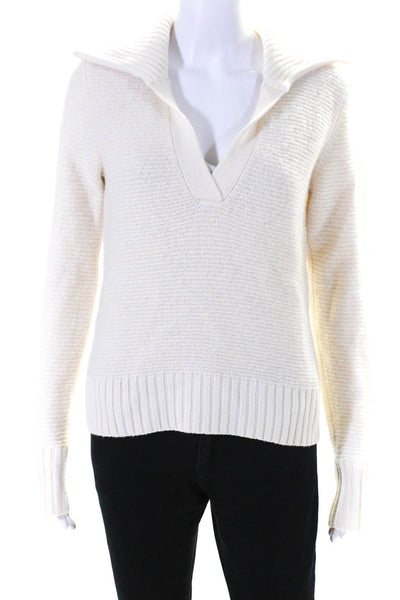 Veronica Beard Womens Long Sleeves Collared Sweater White Cotton Size Small