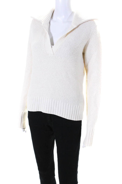 Veronica Beard Womens Long Sleeves Collared Sweater White Cotton Size Small