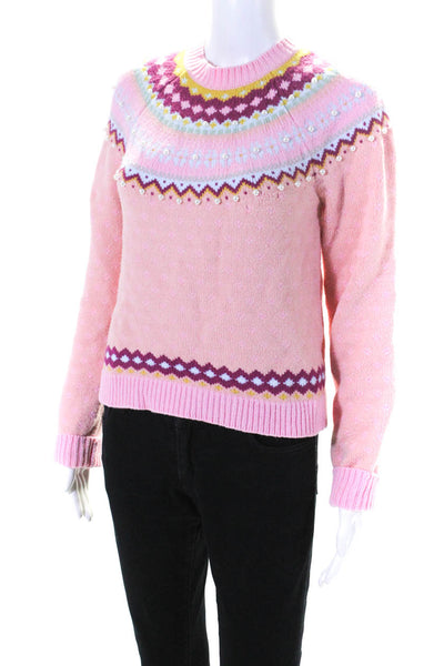 Love Shack Fancy Womens Pearl Crew Neck Sweater Pink Cotton Size Small