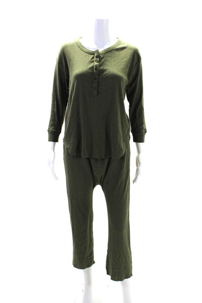 The Great Womens Ribbed Knit Henley Pajamas Set Green Cotton Size 0