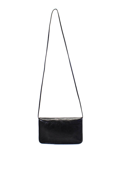 Carlos Falchi Womens Leather Gold Tone Flap Crossbody Shoulder Handbag Black