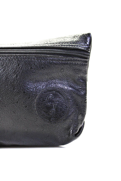 Carlos Falchi Womens Leather Ostrich Print Zipper Closure Clutch Handbag Black