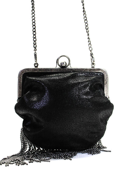 Hobo Womens Leather Beaded Trim Silver Tone Crossbody Shoulder Handbag Black