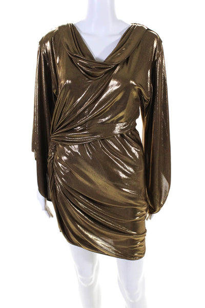Halston Heritage Womens Metallic Ruched Cowl Neck Long Sleeve Dress Gold Size 4