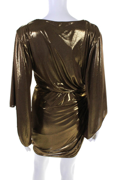 Halston Heritage Womens Metallic Ruched Cowl Neck Long Sleeve Dress Gold Size 4