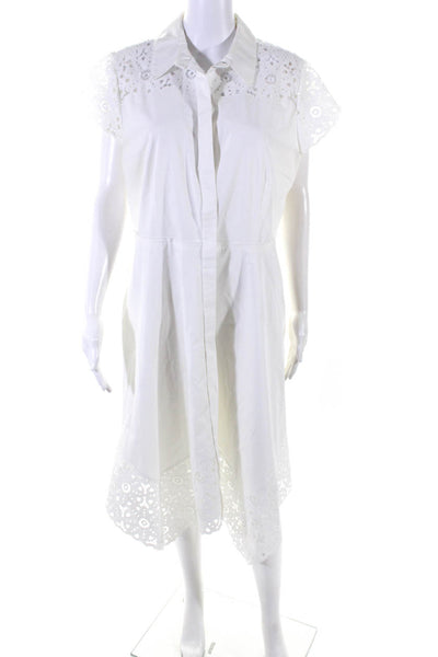 Elie Tahari Womens Button Up Short Sleeve Floral Lace Trim Dress White Size 16