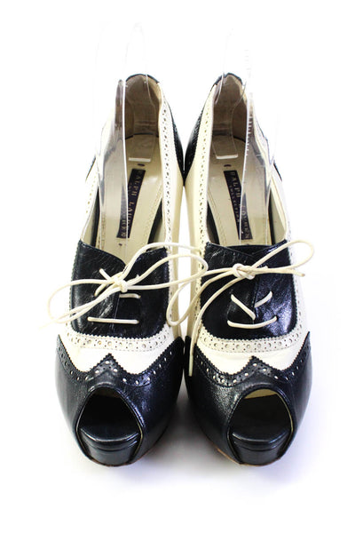 Ralph Lauren Collection Womens White Black Brogue Peep Toe Heels Shoes Size 9B