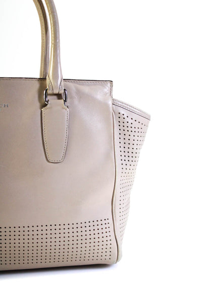 Coach Womens Perforated Leather Rolled Handle Zip Top Tote Handbag Beige