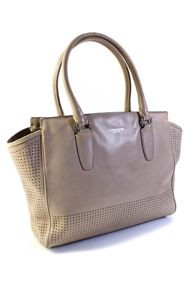 Coach Womens Perforated Leather Rolled Handle Zip Top Tote Handbag Beige