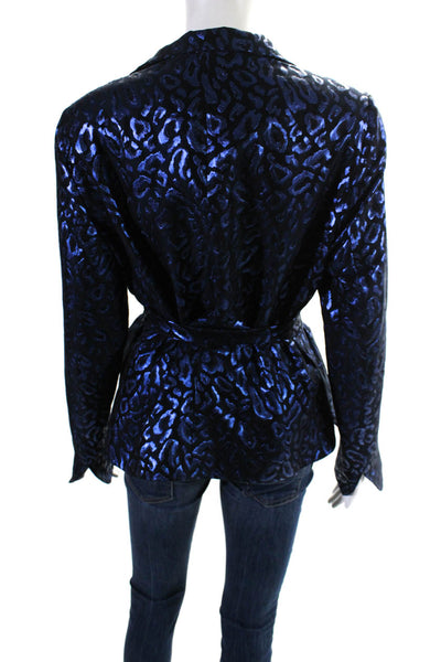Nina Mclemore Womens Metallic Leopard Jacquard Blazer Jacket Black Blue Size 10