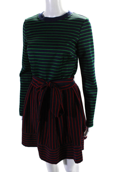 LDT Womens Striped Long Sleeve Crew Neck Fit to Flare Dress Multicolor Sz 4
